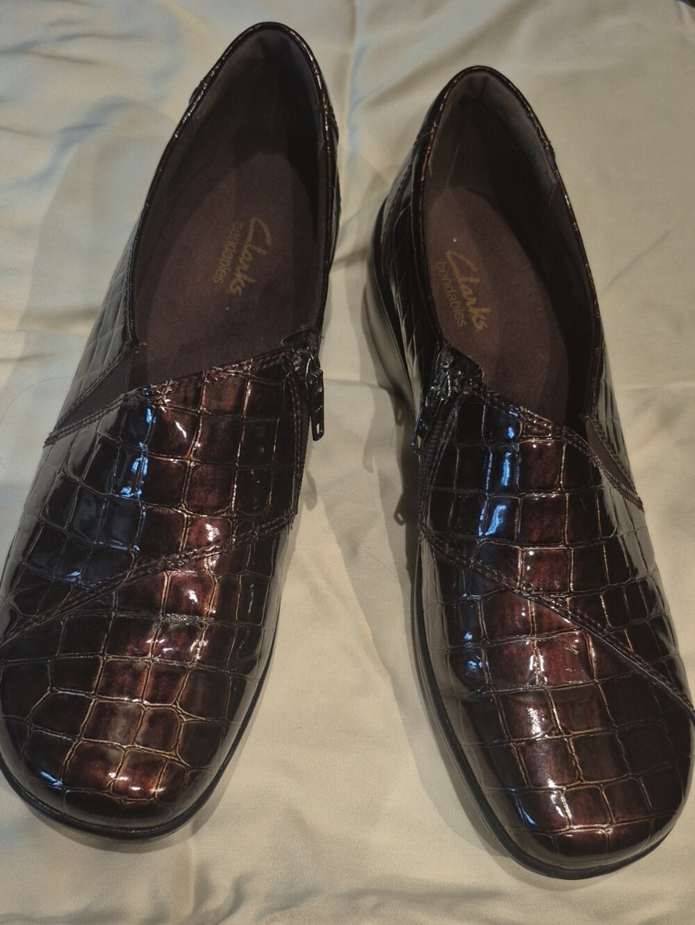 Clarks Dark Burgundy/Brown Croc-Embossed Slip-Ons
